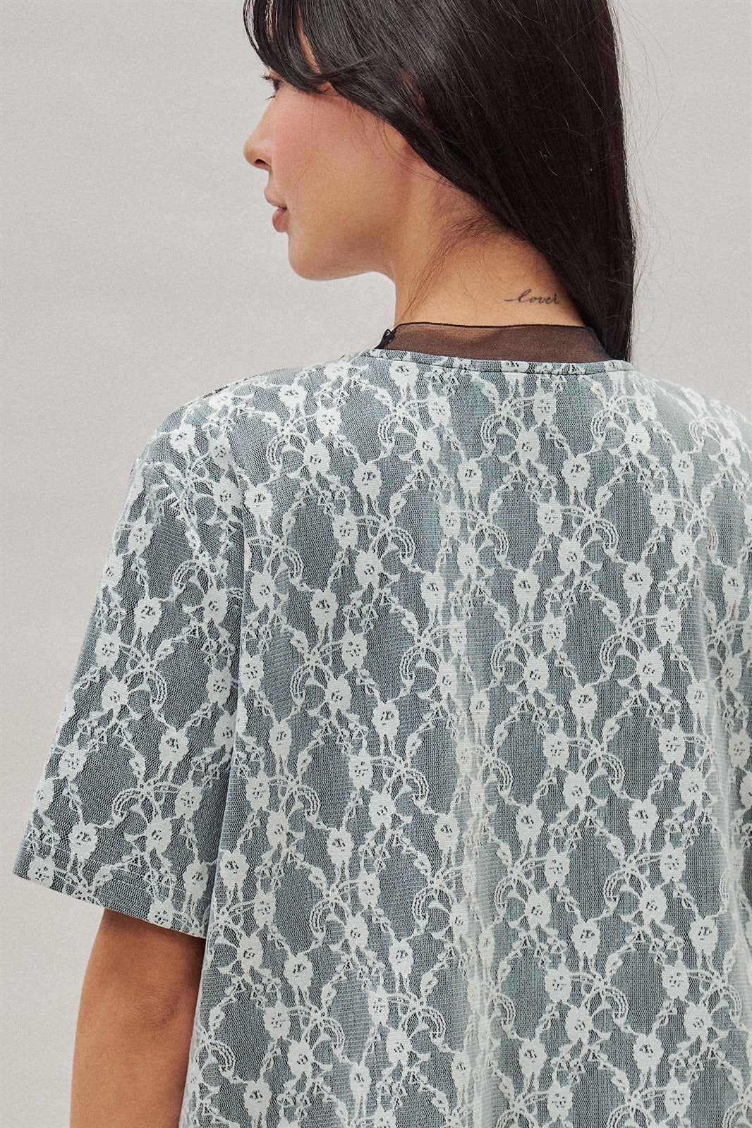 Floral Lace Overlay Boxy Tee with Mesh Neckline in Black - Women's Fashion | Urban Daizy