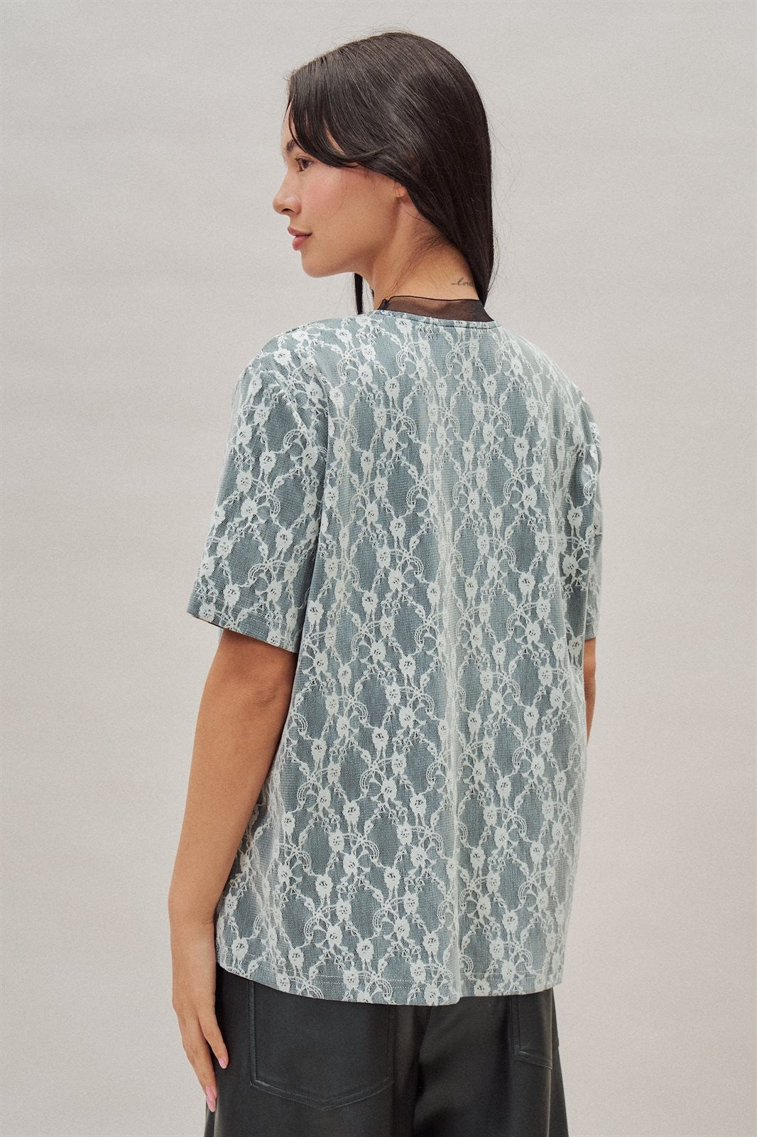 Floral Lace Overlay Boxy Tee with Mesh Neckline in Black - Women's Fashion | Urban Daizy