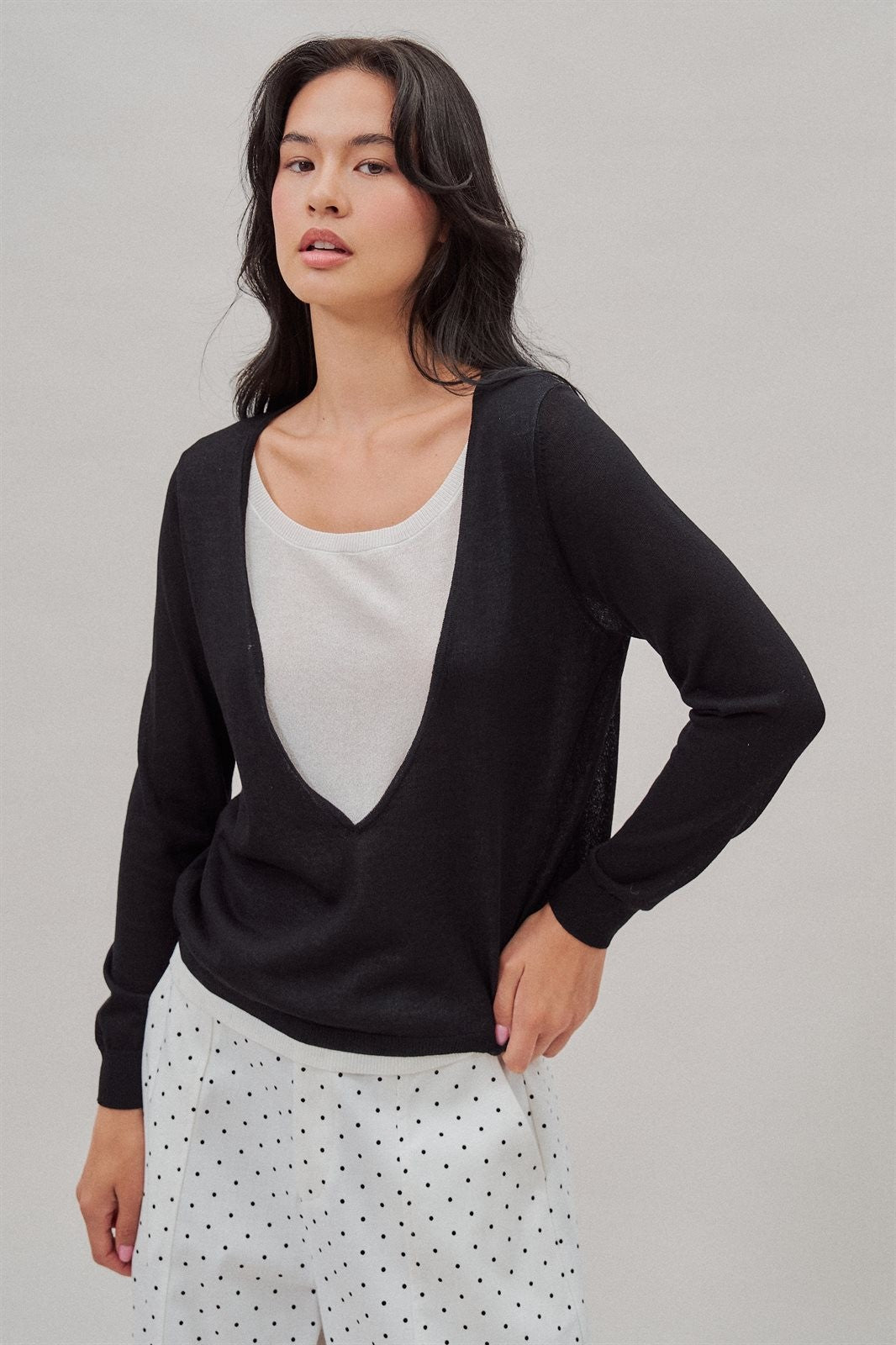 Fine Knit Plunge V Neck Long Sleeve Top in Black - Women's T-Shirts & Polos | Urban Daizy