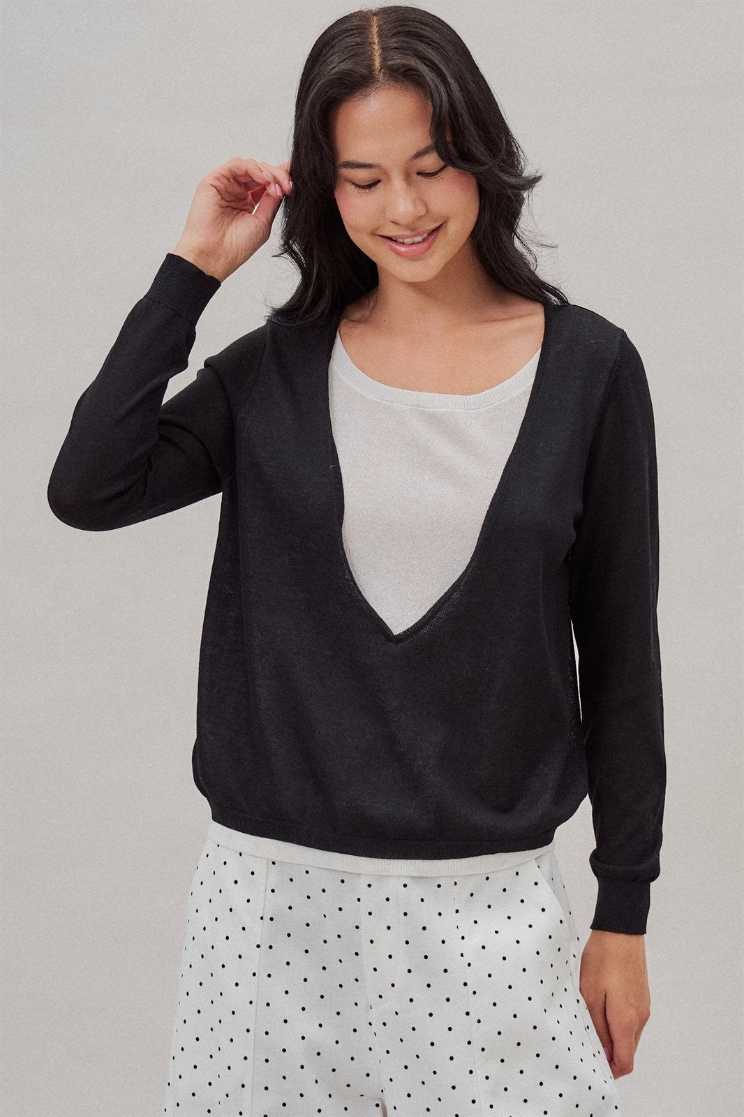 Fine Knit Plunge V Neck Long Sleeve Top in Black - Women's T-Shirts & Polos | Urban Daizy
