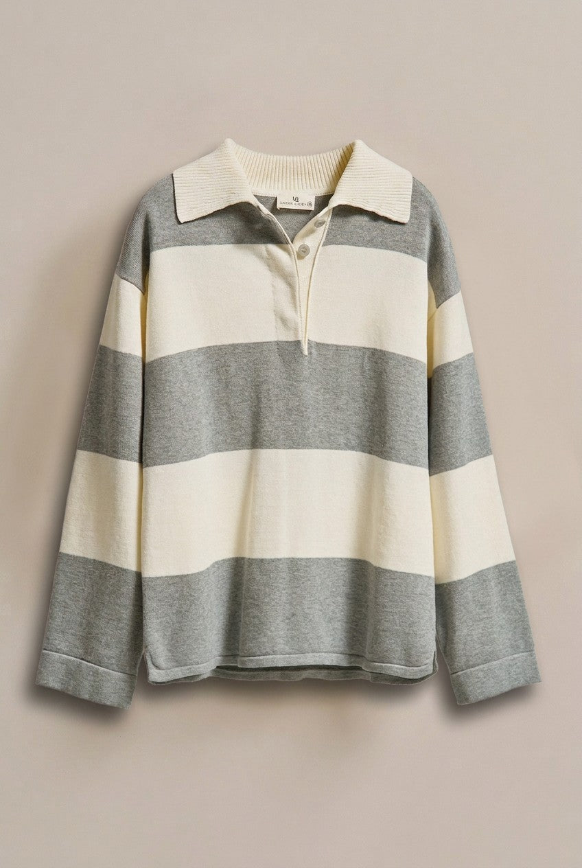Striped Knit Rugby Polo Sweater in Ivory Grey - Women's Fashion | Urban Daizy