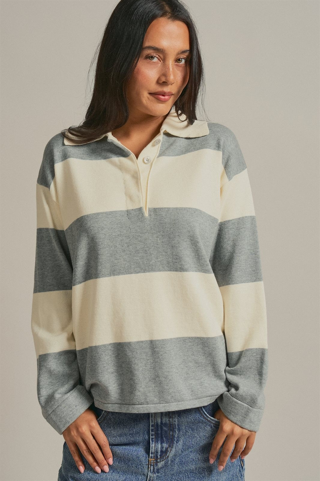 Striped Knit Rugby Polo Sweater in Ivory Grey - Women's Fashion | Urban Daizy