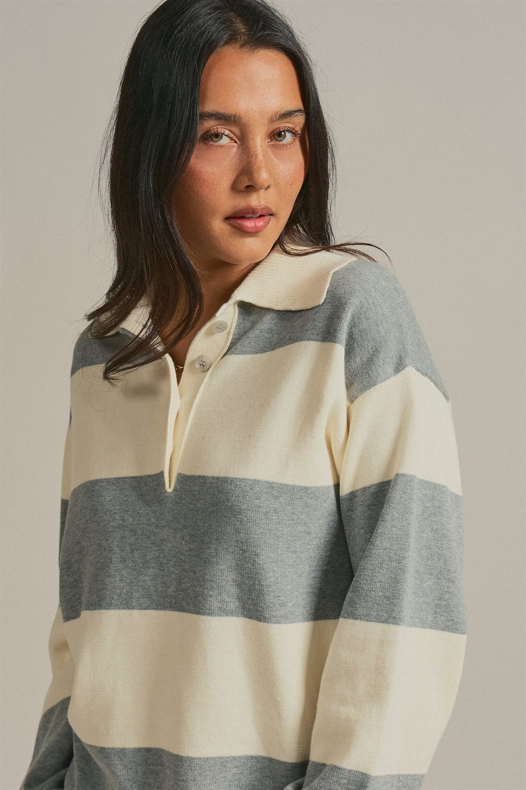 Striped Knit Rugby Polo Sweater in Ivory Grey - Women's Fashion | Urban Daizy