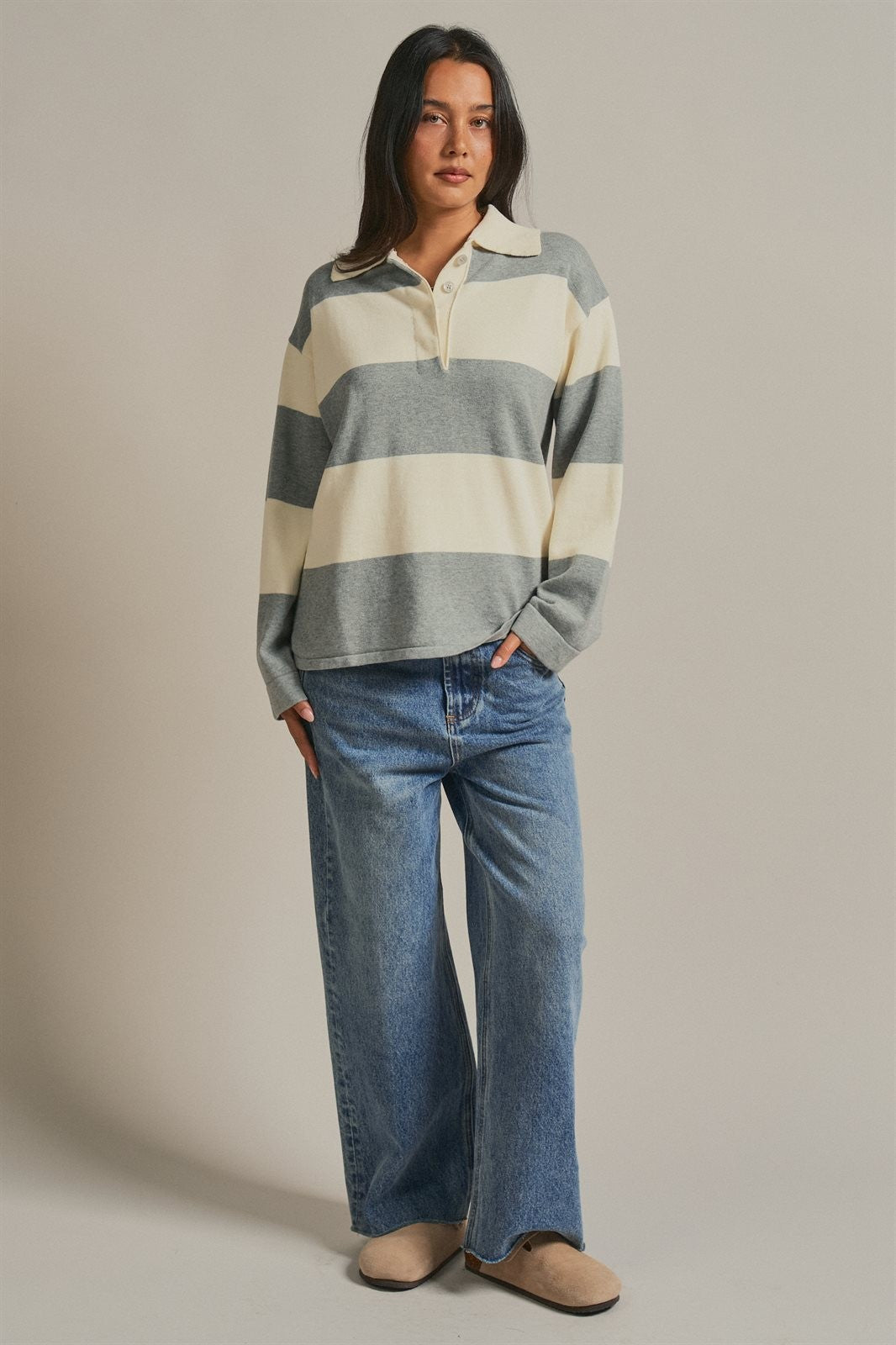 Striped Knit Rugby Polo Sweater in Ivory Grey - Women's Fashion | Urban Daizy