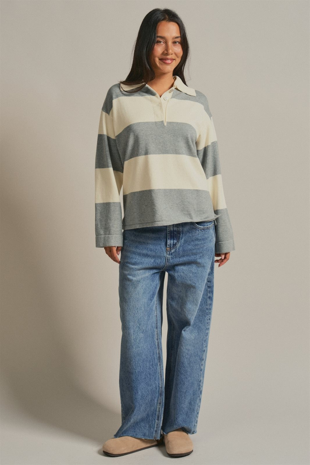 Striped Knit Rugby Polo Sweater in Ivory Grey - Women's Fashion | Urban Daizy