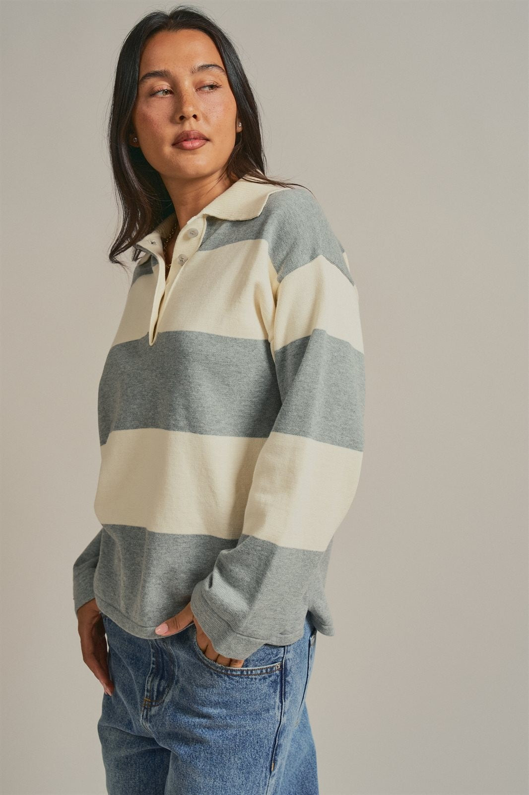 Striped Knit Rugby Polo Sweater in Ivory Grey - Women's Fashion | Urban Daizy