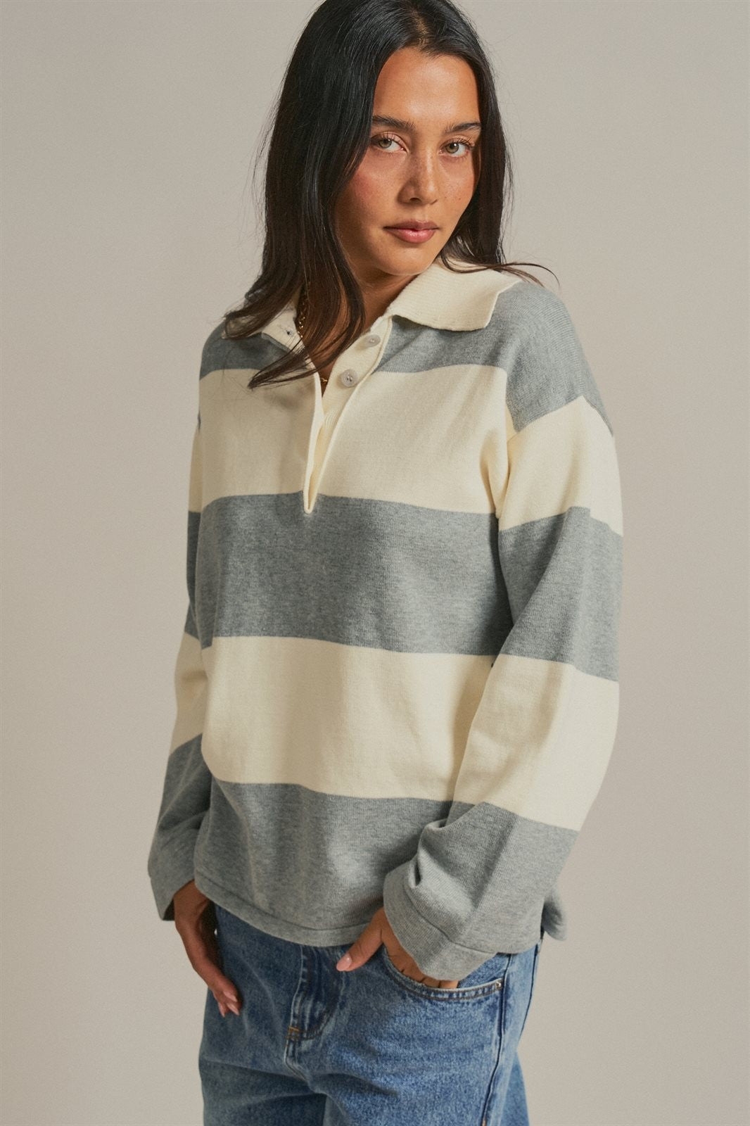 Striped Knit Rugby Polo Sweater in Ivory Grey - Women's Fashion | Urban Daizy