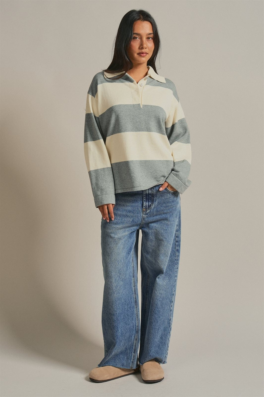 Striped Knit Rugby Polo Sweater in Ivory Grey - Women's Fashion | Urban Daizy