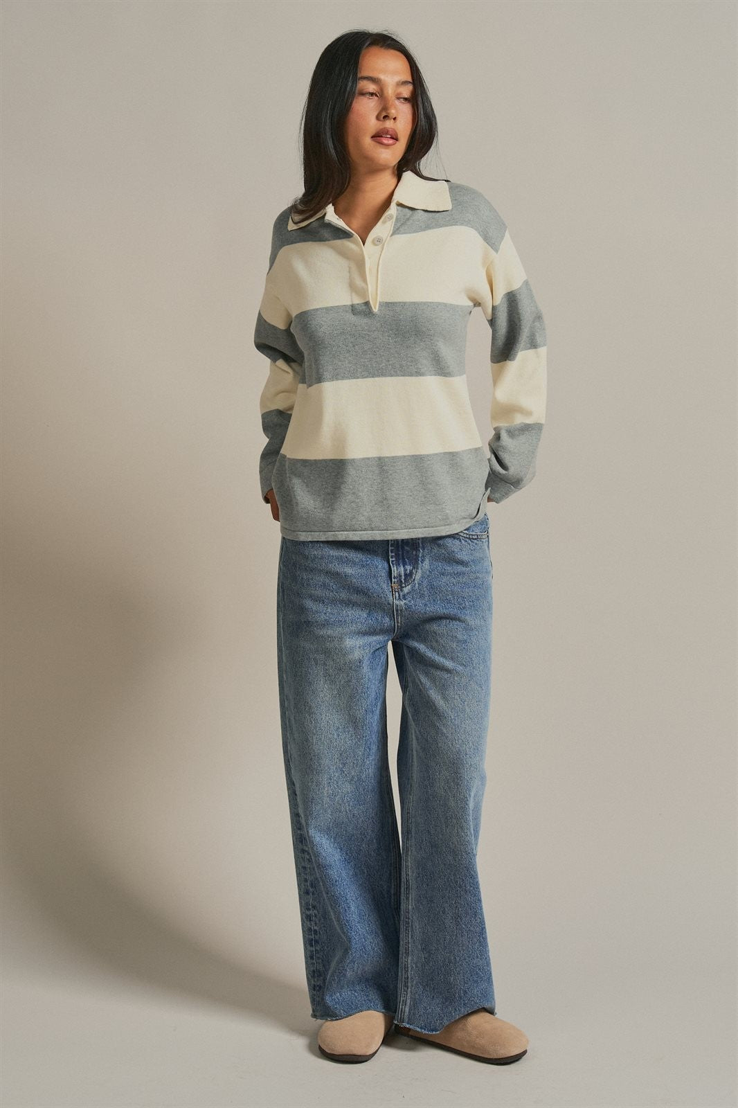 Striped Knit Rugby Polo Sweater in Ivory Grey - Women's Fashion | Urban Daizy