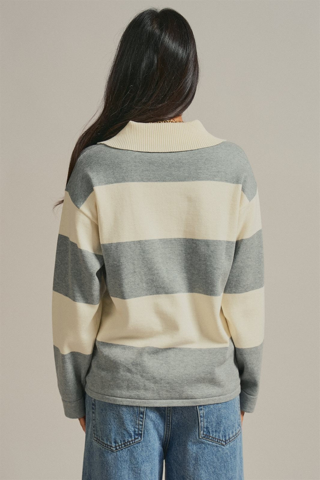 Striped Knit Rugby Polo Sweater in Ivory Grey - Women's Fashion | Urban Daizy