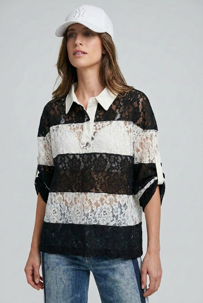Floral Lace Rugby Polo Shirt in Ivory Black - Women's T-Shirts & Polos | Urban Daizy