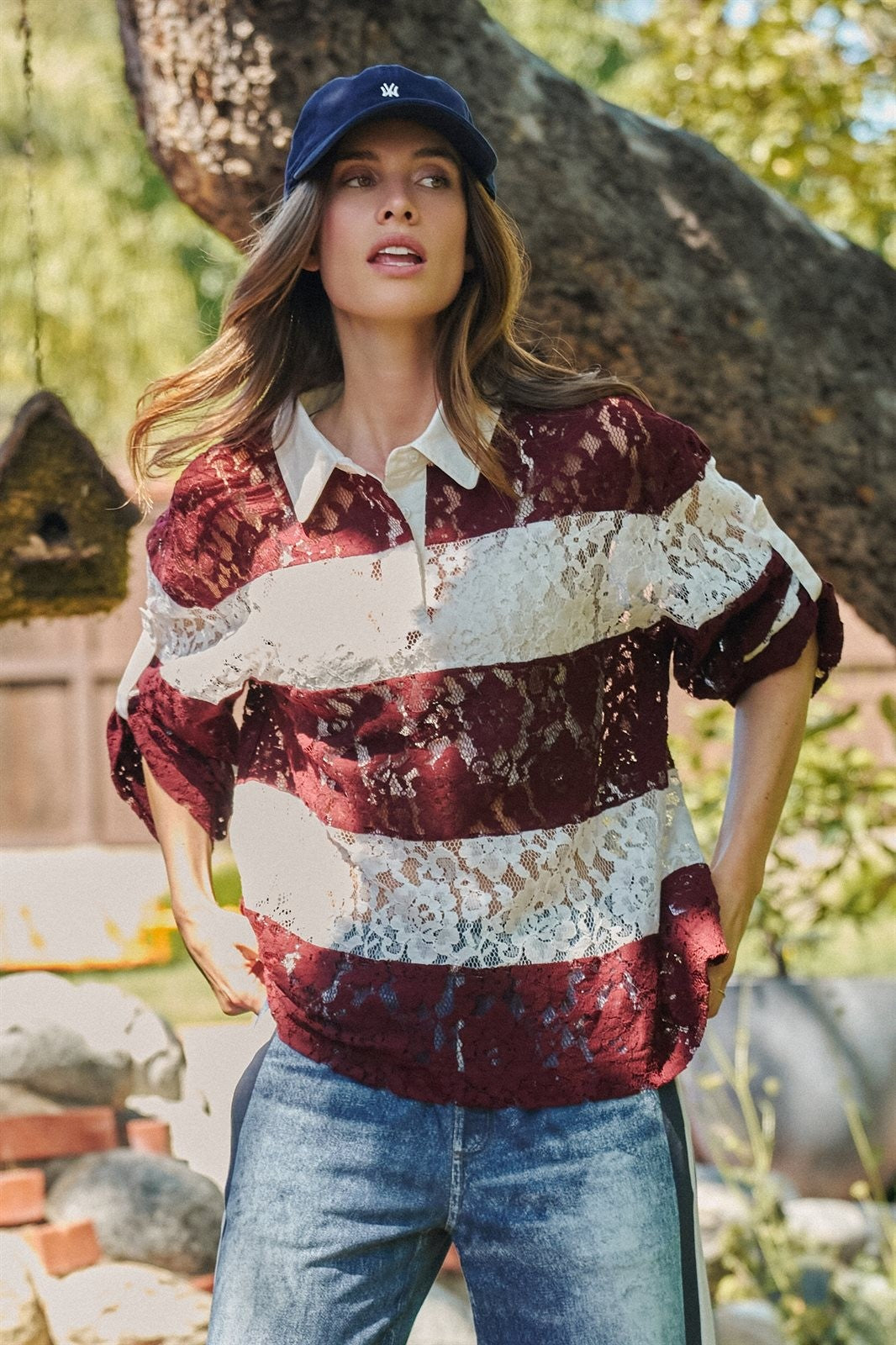 Floral Lace Rugby Polo Shirt in Ivory Burgundy - Women's T-Shirts & Polos | Urban Daizy