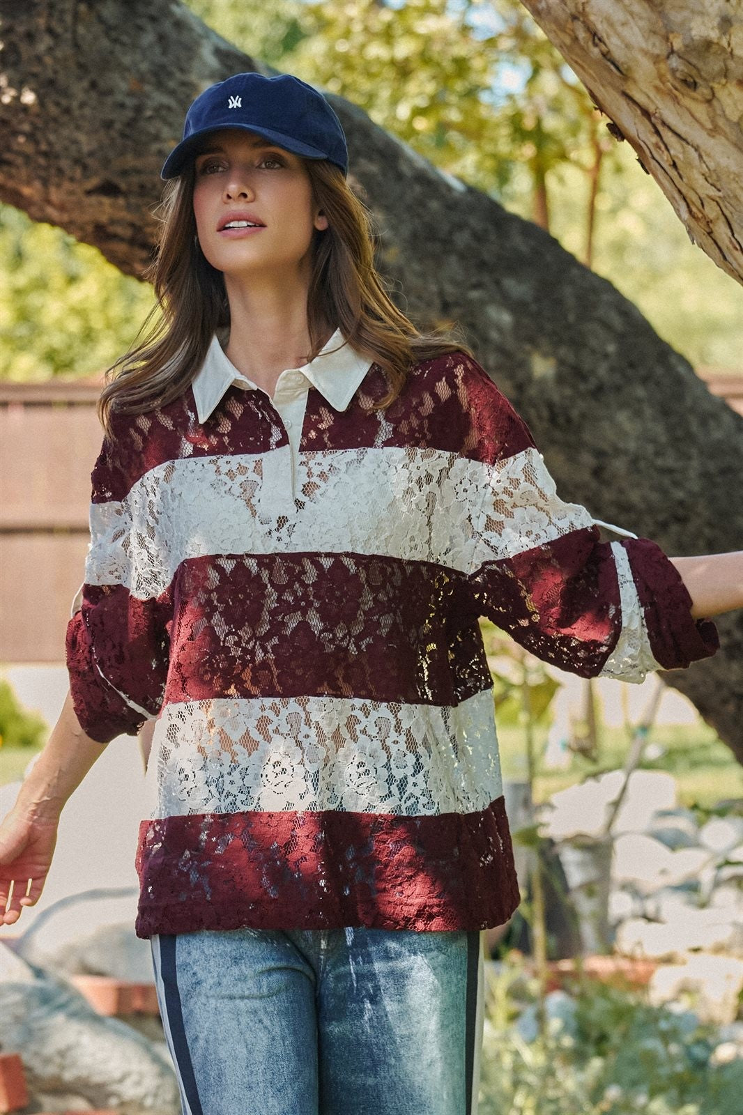 Floral Lace Rugby Polo Shirt in Ivory Burgundy - Women's T-Shirts & Polos | Urban Daizy