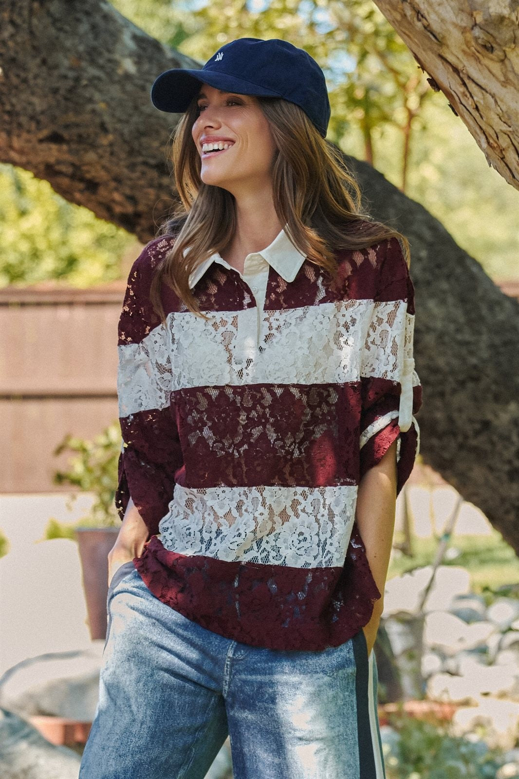 Floral Lace Rugby Polo Shirt in Ivory Burgundy - Women's T-Shirts & Polos | Urban Daizy