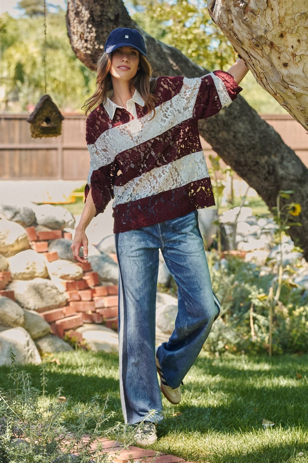 Floral Lace Rugby Polo Shirt in Ivory Burgundy - Women's T-Shirts & Polos | Urban Daizy