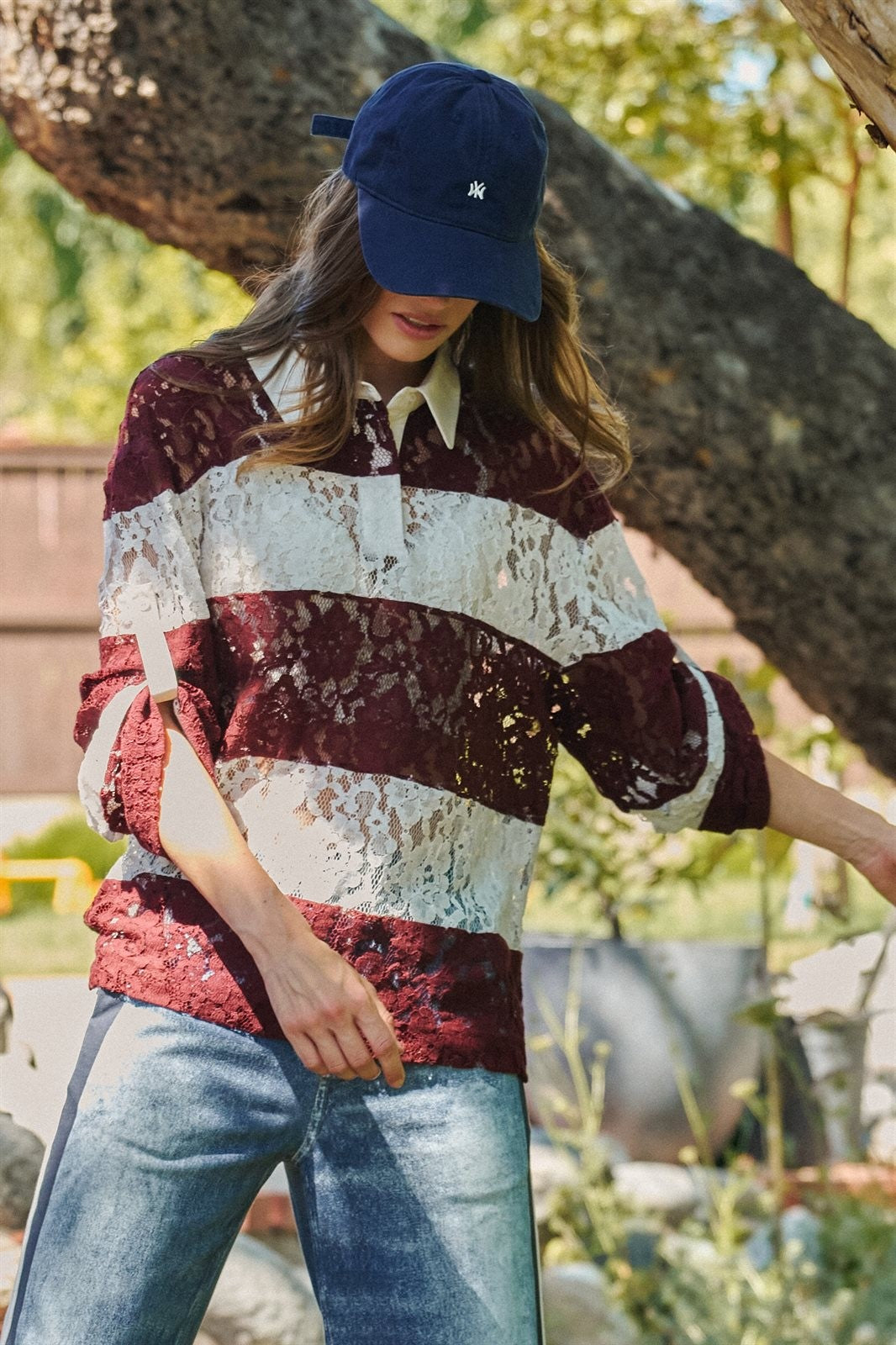 Floral Lace Rugby Polo Shirt in Ivory Burgundy - Women's T-Shirts & Polos | Urban Daizy