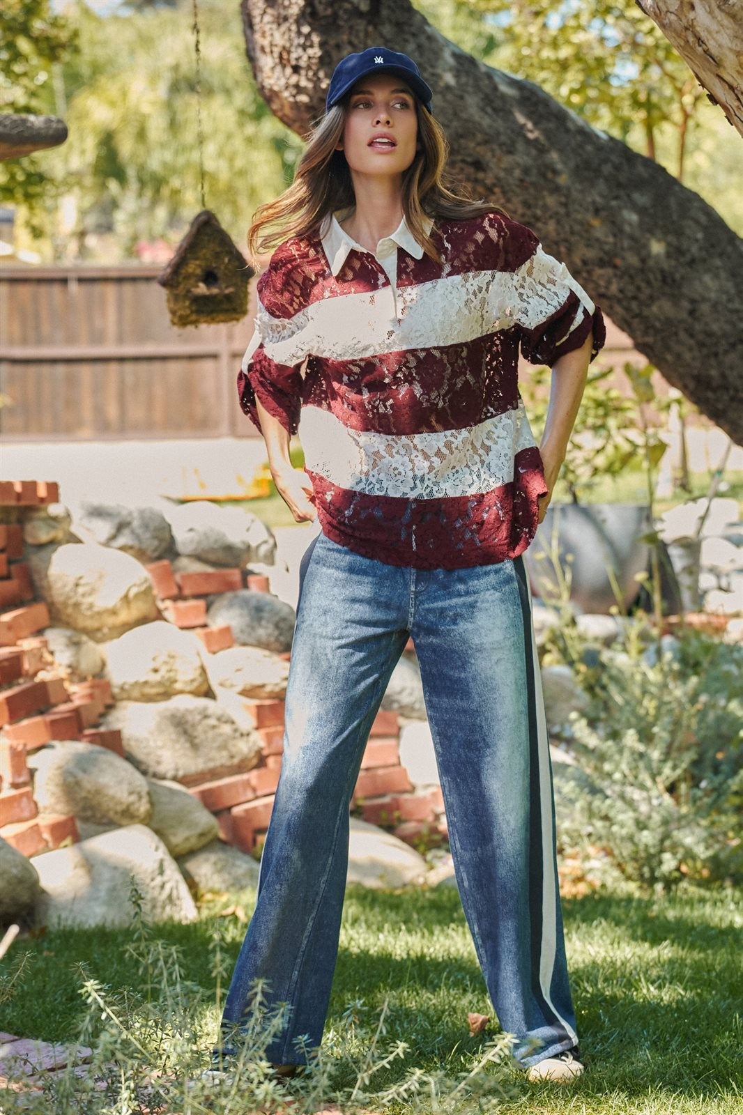Floral Lace Rugby Polo Shirt in Ivory Burgundy - Women's T-Shirts & Polos | Urban Daizy