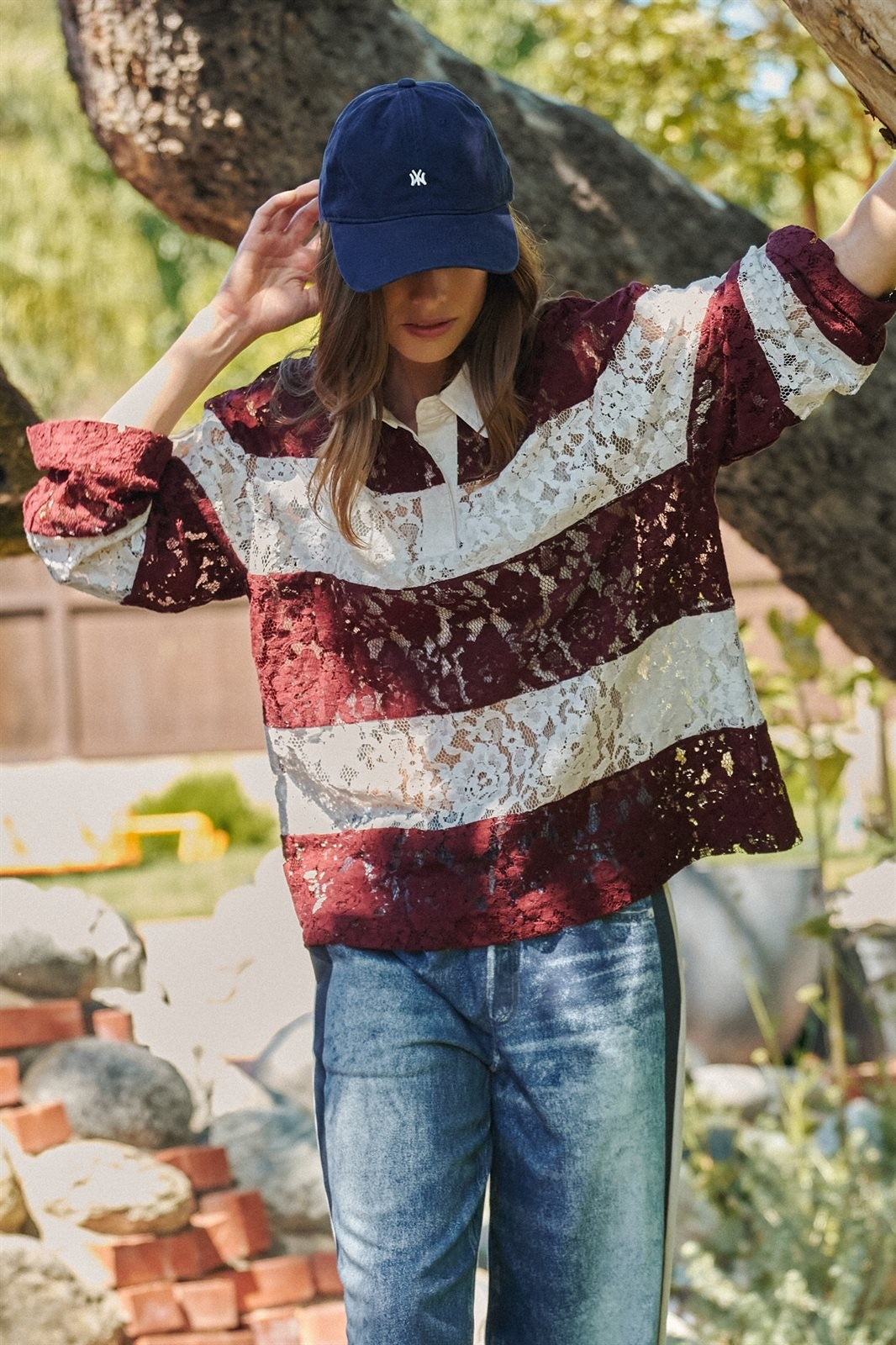 Floral Lace Rugby Polo Shirt in Ivory Burgundy - Women's T-Shirts & Polos | Urban Daizy