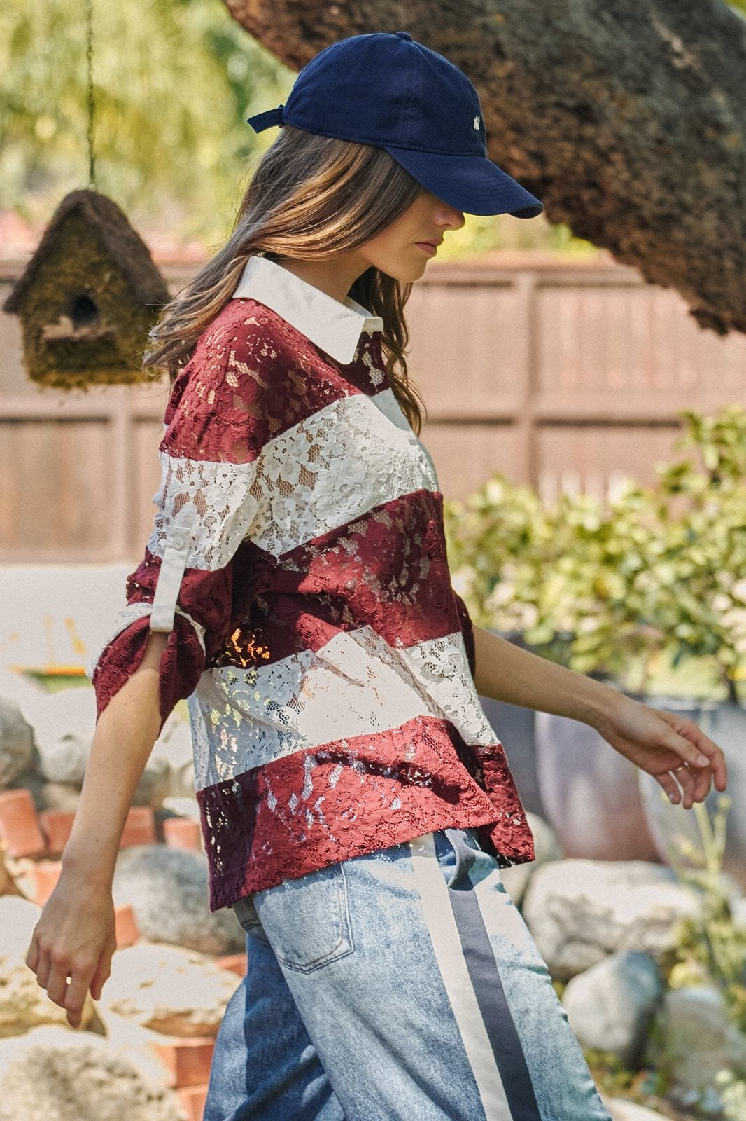 Floral Lace Rugby Polo Shirt in Ivory Burgundy - Women's T-Shirts & Polos | Urban Daizy