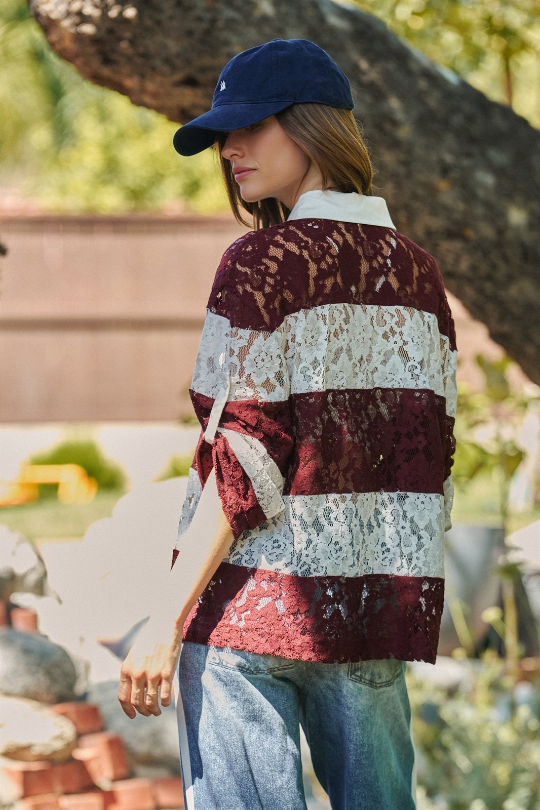 Floral Lace Rugby Polo Shirt in Ivory Burgundy - Women's T-Shirts & Polos | Urban Daizy