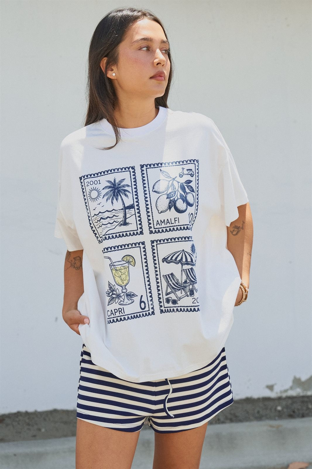 Amalfi Capri Postage Stamp Graphic Tee in Italian Summer in White - Women's Fashion | Urban Daizy