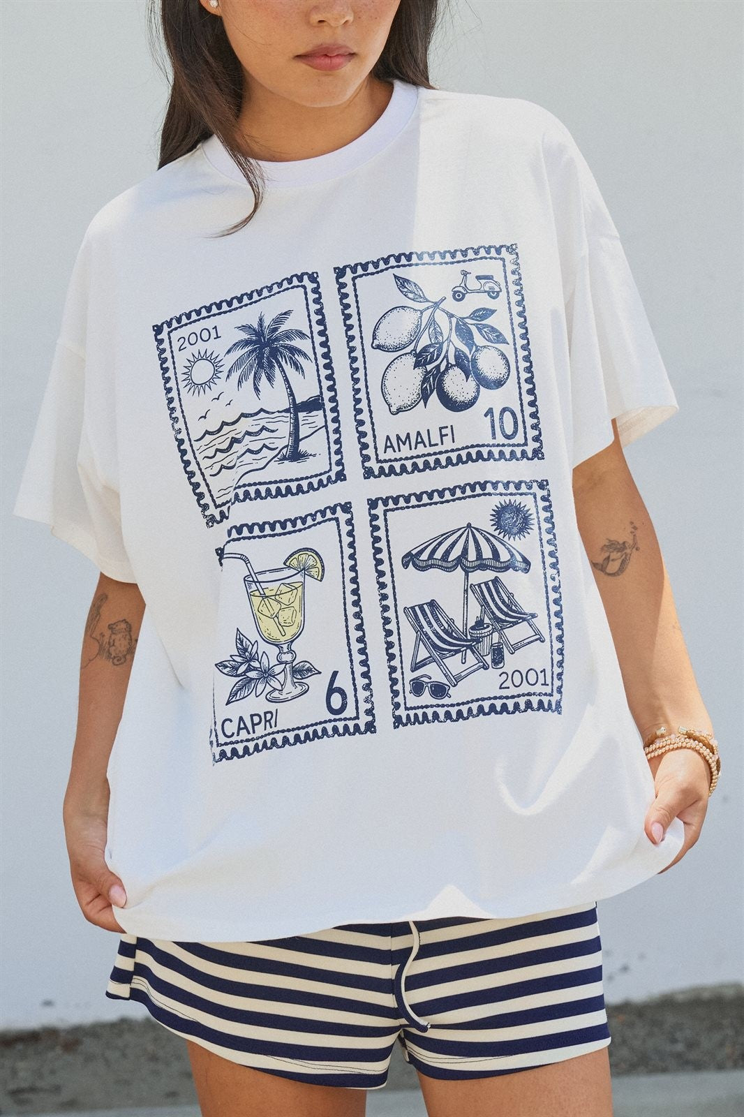 Amalfi Capri Postage Stamp Graphic Tee in Italian Summer in White - Women's Fashion | Urban Daizy