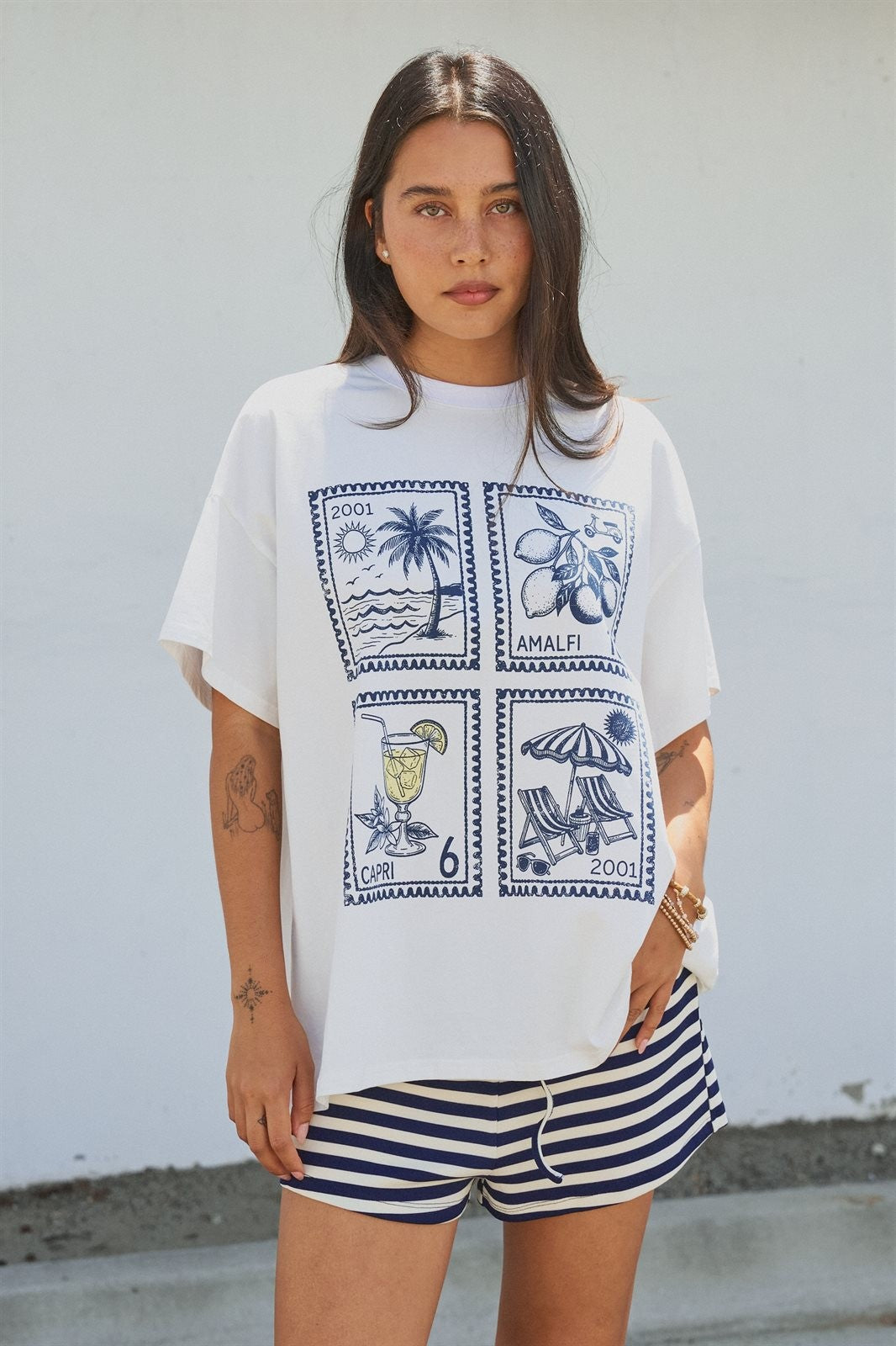 Amalfi Capri Postage Stamp Graphic Tee in Italian Summer in White - Women's Fashion | Urban Daizy