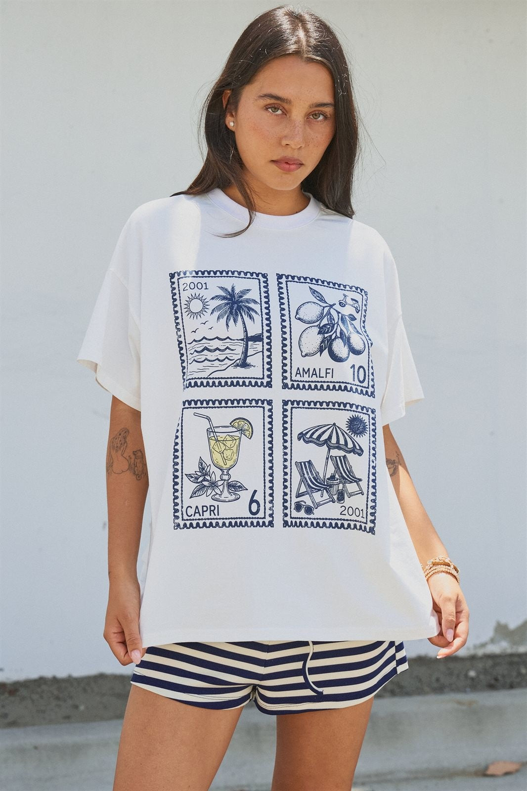 Amalfi Capri Postage Stamp Graphic Tee in Italian Summer in White - Women's Fashion | Urban Daizy