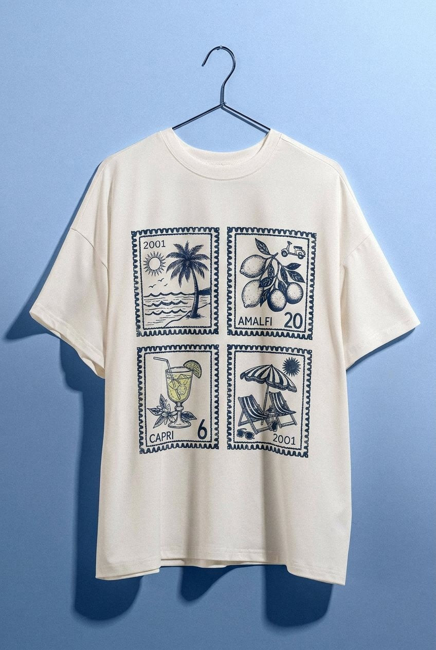 Amalfi Capri Postage Stamp Graphic Tee in Italian Summer in White - Women's Fashion | Urban Daizy