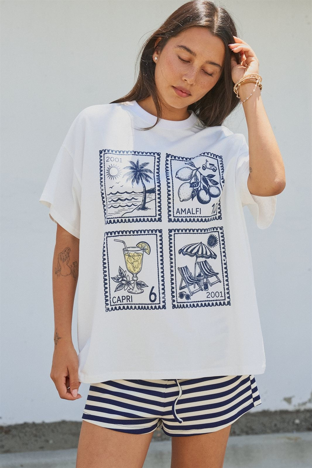 Amalfi Capri Postage Stamp Graphic Tee in Italian Summer in White - Women's Fashion | Urban Daizy
