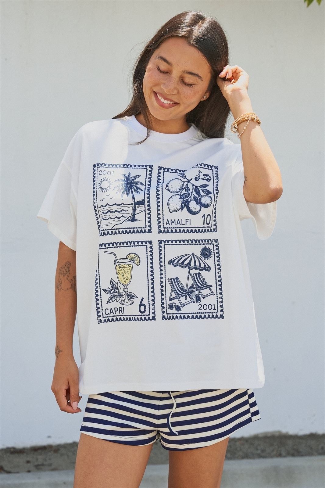 Amalfi Capri Postage Stamp Graphic Tee in Italian Summer in White - Women's Fashion | Urban Daizy