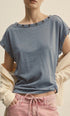 Grommet Trim Washed Cotton Boat Neck Top in Vintage Navy - Women's T-Shirts & Polos | Urban Daizy