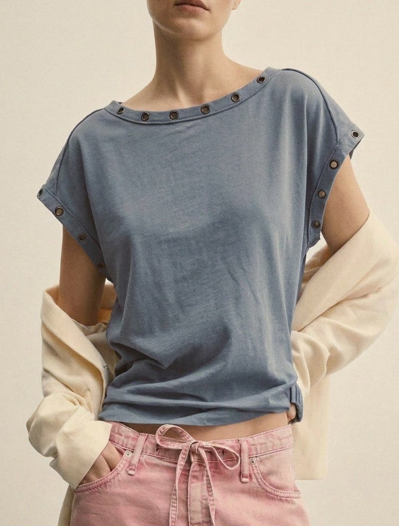 Grommet Trim Washed Cotton Boat Neck Top in Vintage Navy - Women's T-Shirts & Polos | Urban Daizy