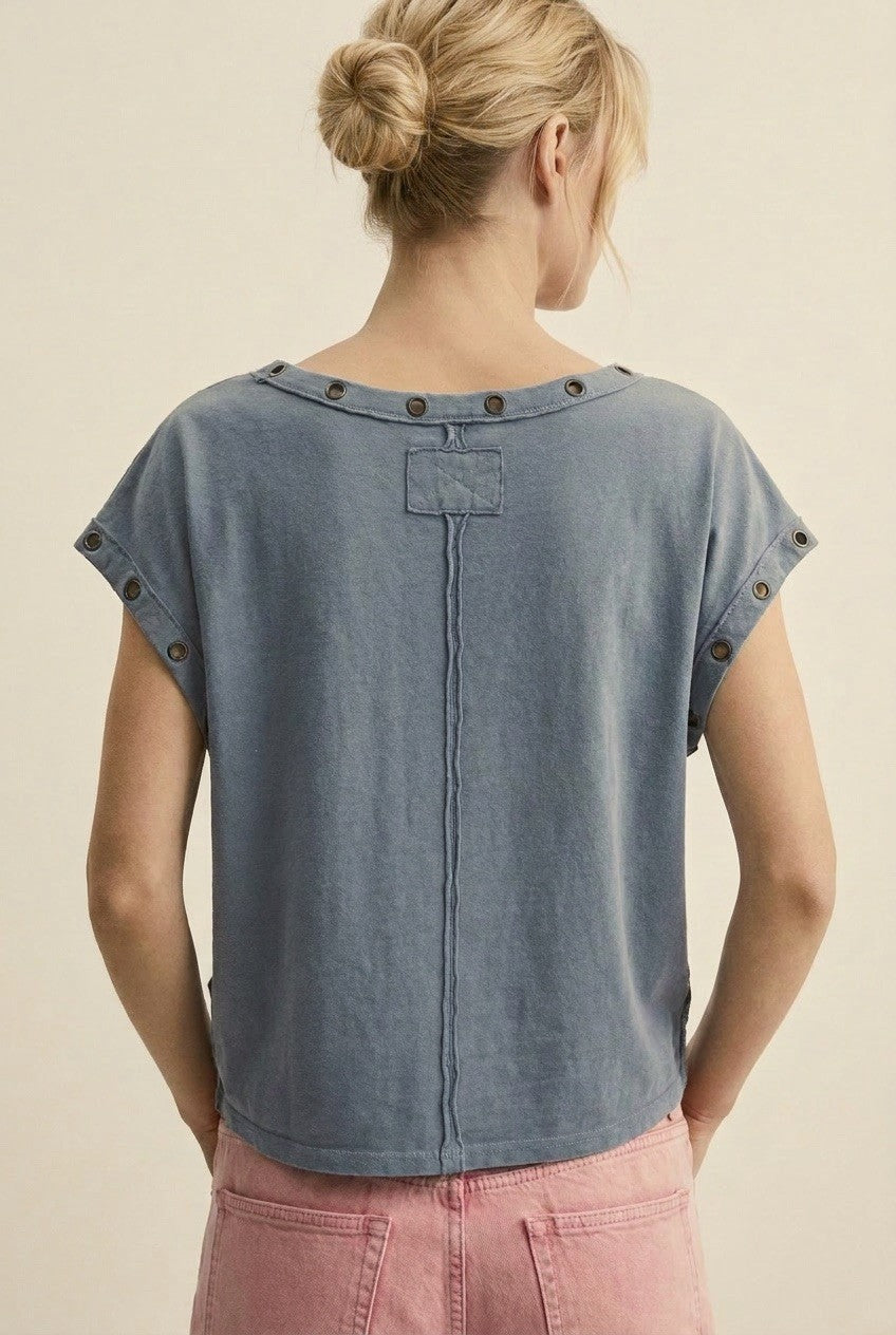 Grommet Trim Washed Cotton Boat Neck Top in Vintage Navy - Women's T-Shirts & Polos | Urban Daizy