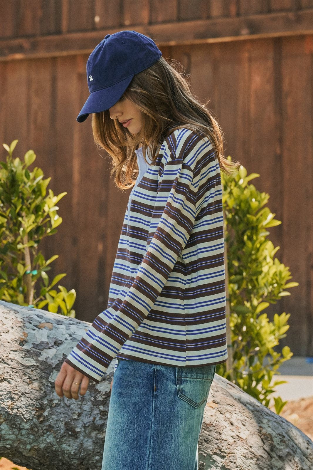 Striped Rugby Polo Knit Top with Contrast Collar in Ivory Brown - Women's T-Shirts & Polos | Urban Daizy