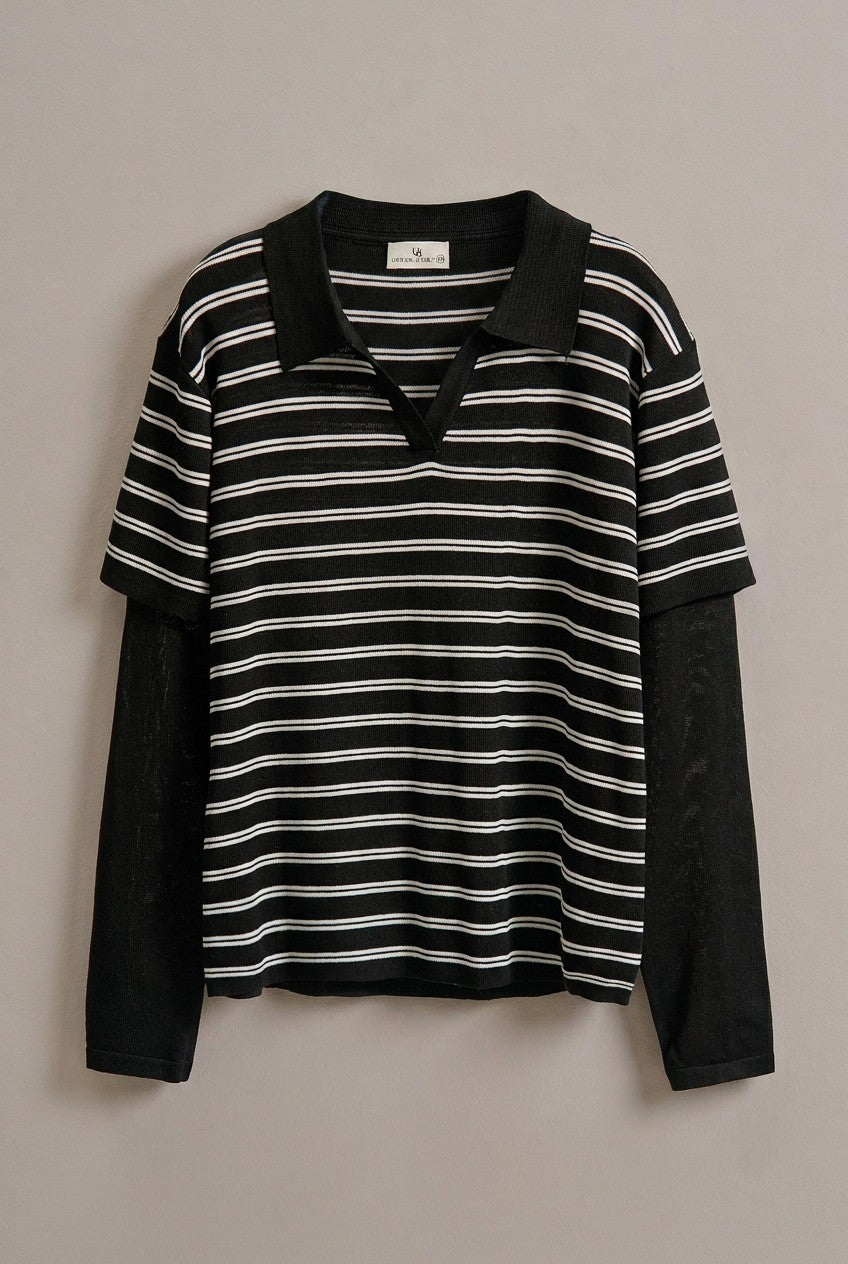 Striped Knit Layered Sleeve Polo Top in Black - Women's Fashion | Urban Daizy