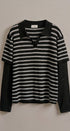 Striped Knit Layered Sleeve Polo Top in Black - Women's Fashion | Urban Daizy
