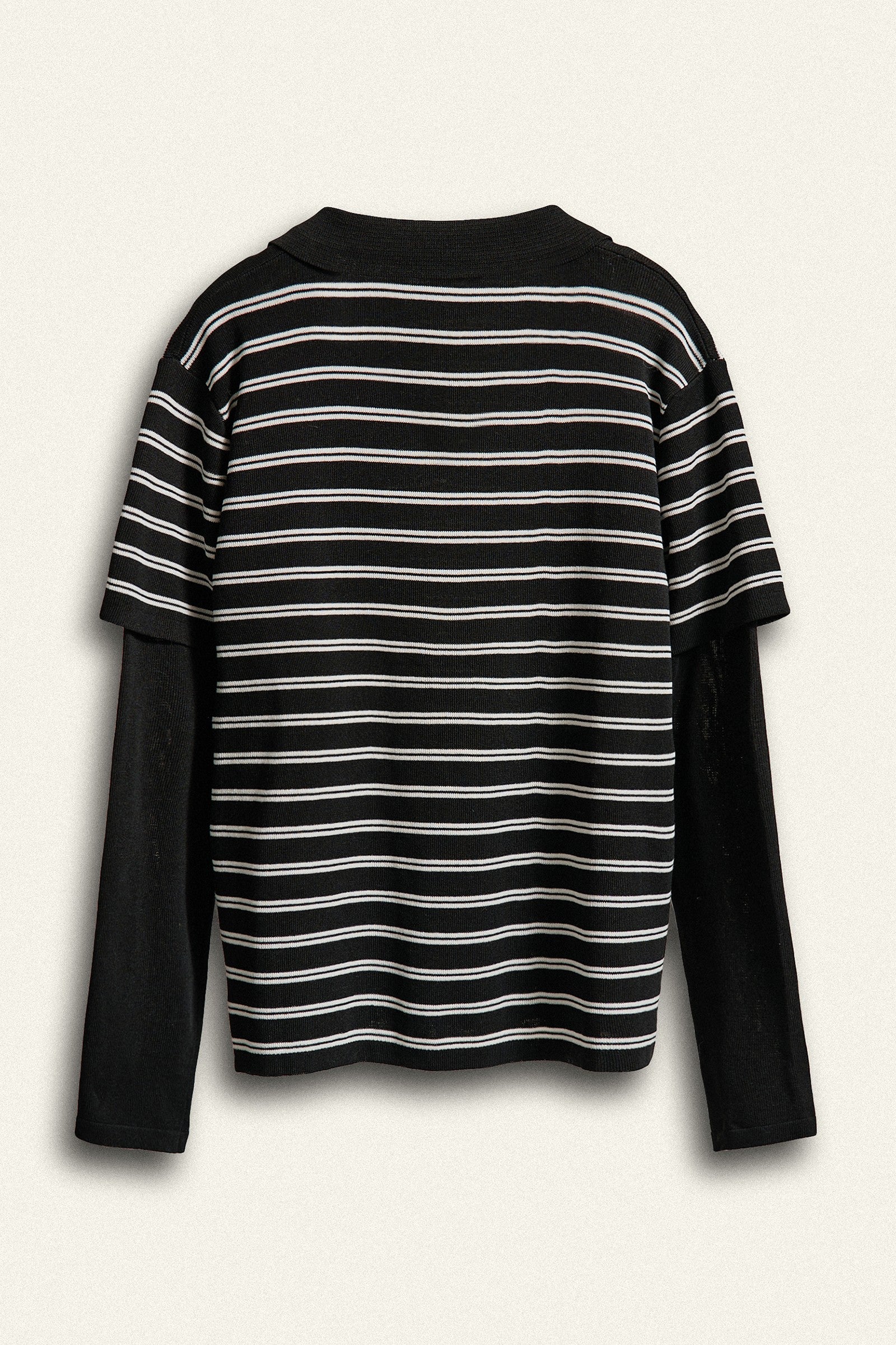 Striped Knit Layered Sleeve Polo Top in Black - Women's Fashion | Urban Daizy