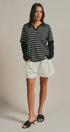 Striped Knit Layered Sleeve Polo Top in Black - Women's Fashion | Urban Daizy