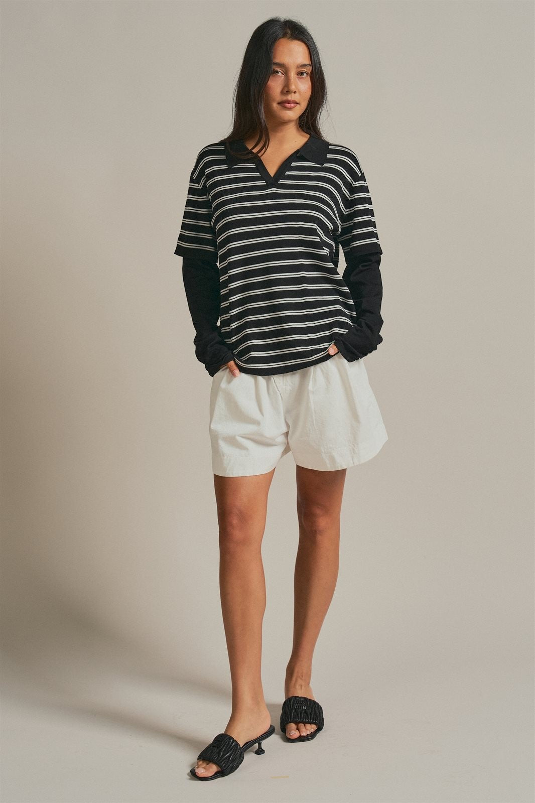 Striped Knit Layered Sleeve Polo Top in Black - Women's Fashion | Urban Daizy