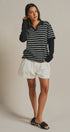 Striped Knit Layered Sleeve Polo Top in Black - Women's Fashion | Urban Daizy