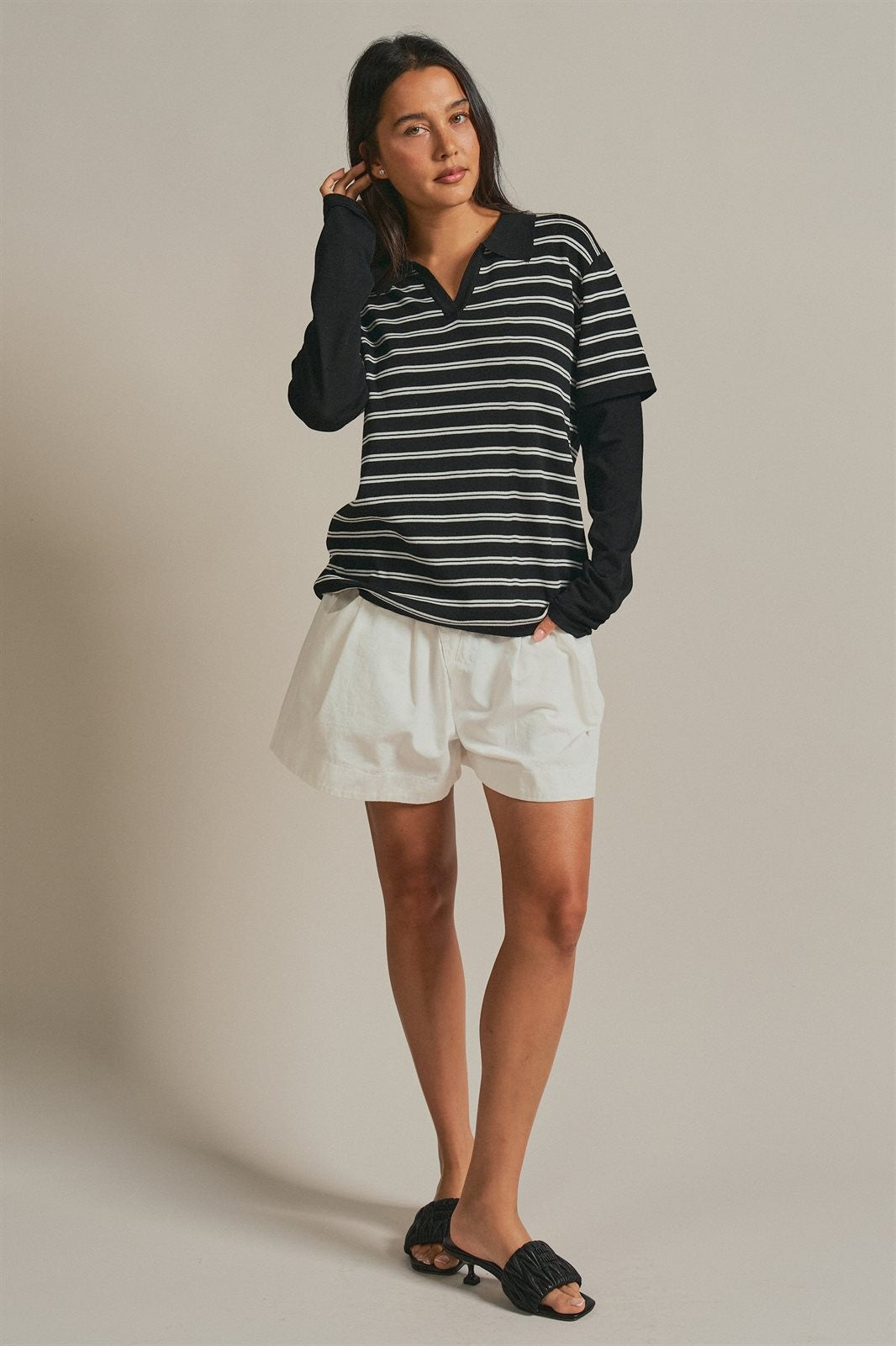 Striped Knit Layered Sleeve Polo Top in Black - Women's Fashion | Urban Daizy