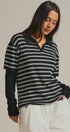 Striped Knit Layered Sleeve Polo Top in Black - Women's Fashion | Urban Daizy