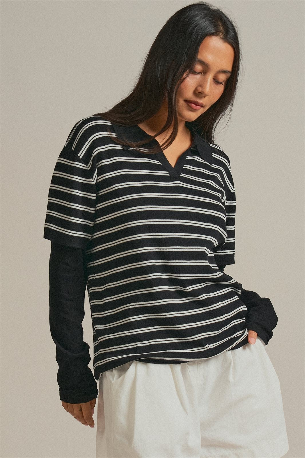 Striped Knit Layered Sleeve Polo Top in Black - Women's Fashion | Urban Daizy