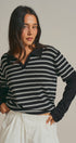 Striped Knit Layered Sleeve Polo Top in Black - Women's Fashion | Urban Daizy