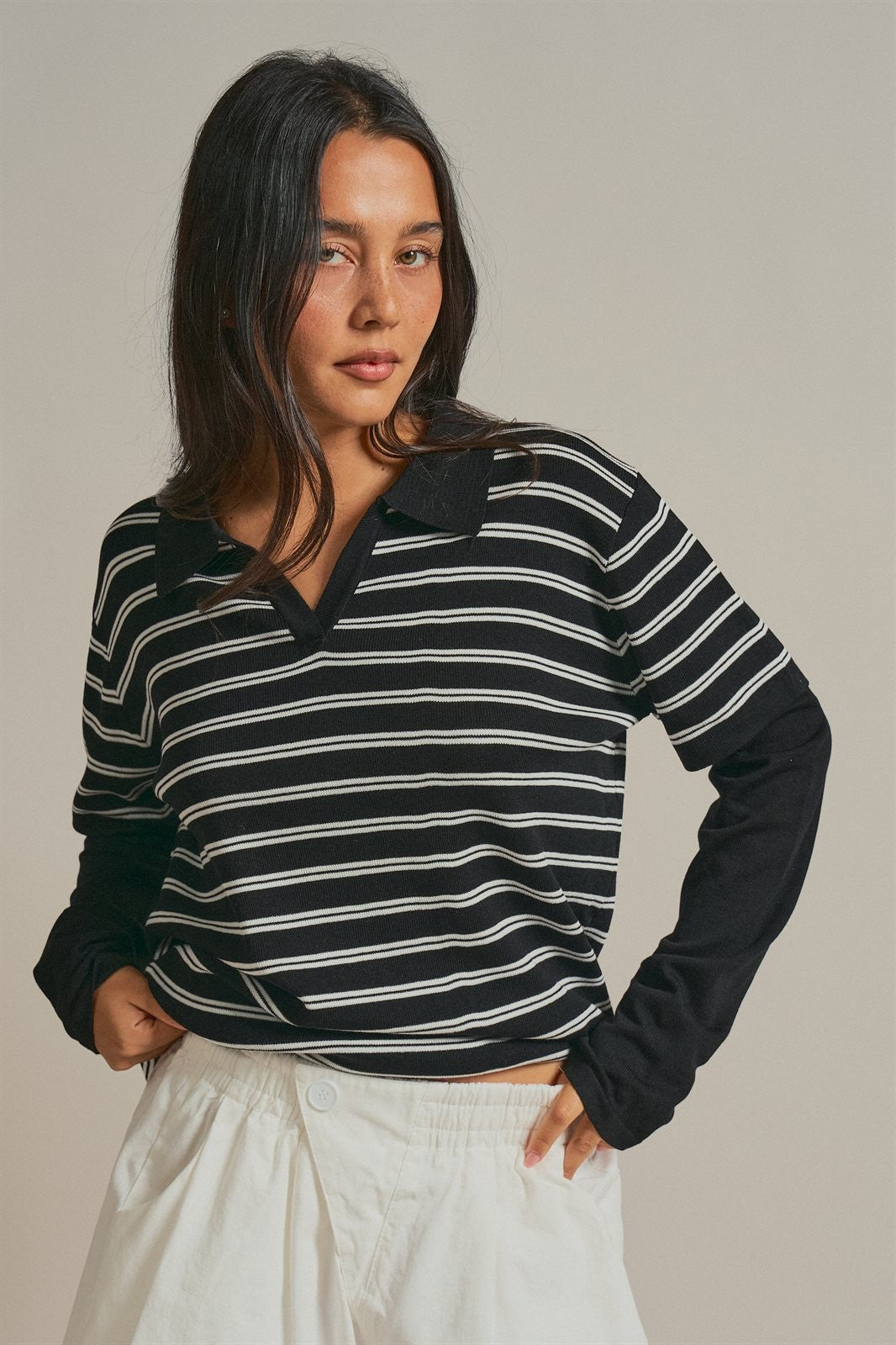 Striped Knit Layered Sleeve Polo Top in Black - Women's Fashion | Urban Daizy