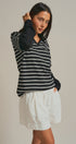 Striped Knit Layered Sleeve Polo Top in Black - Women's Fashion | Urban Daizy