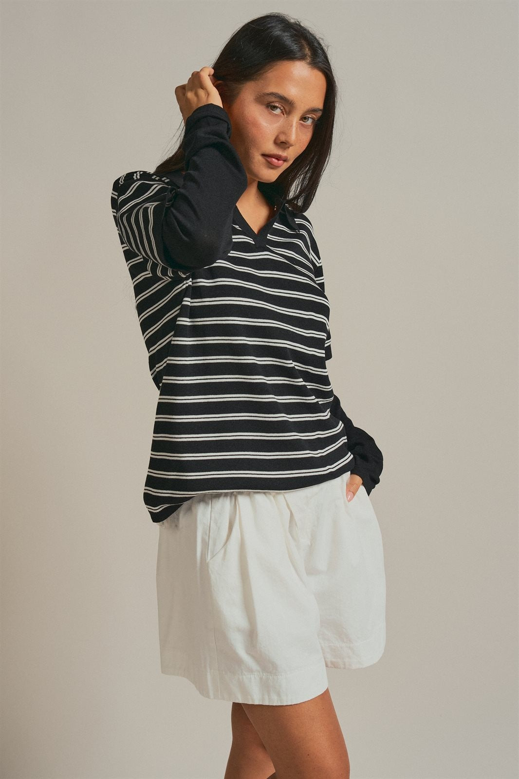 Striped Knit Layered Sleeve Polo Top in Black - Women's Fashion | Urban Daizy