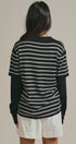 Striped Knit Layered Sleeve Polo Top in Black - Women's Fashion | Urban Daizy
