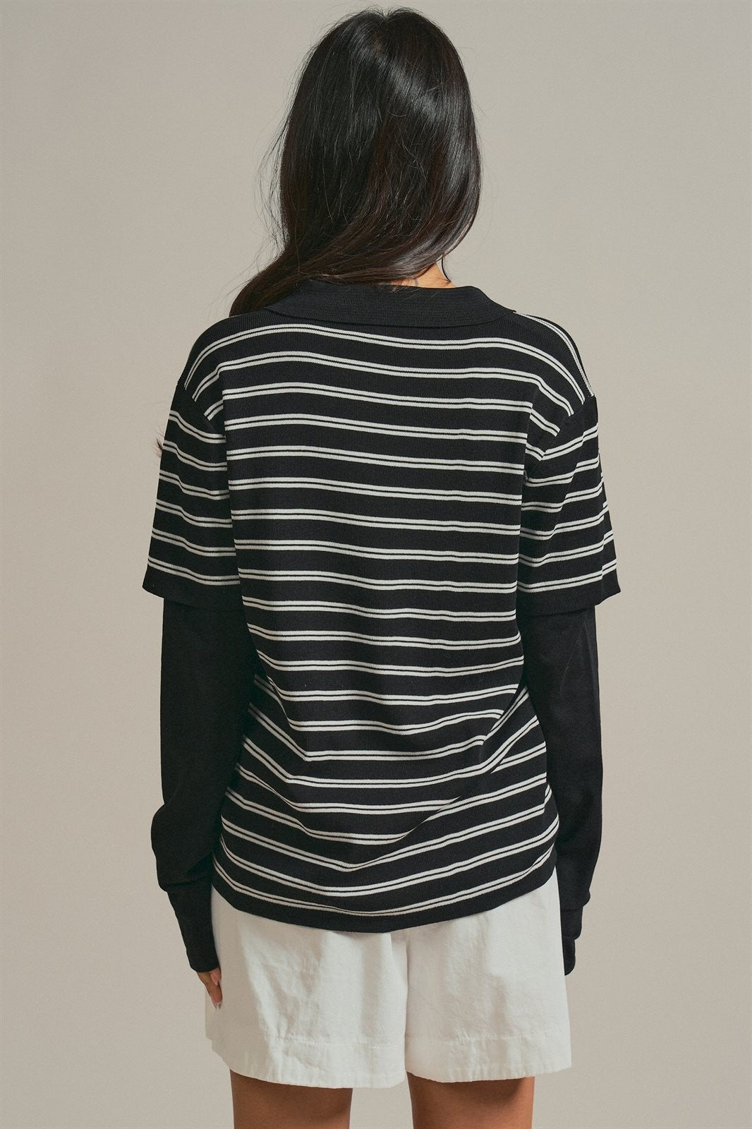 Striped Knit Layered Sleeve Polo Top in Black - Women's Fashion | Urban Daizy